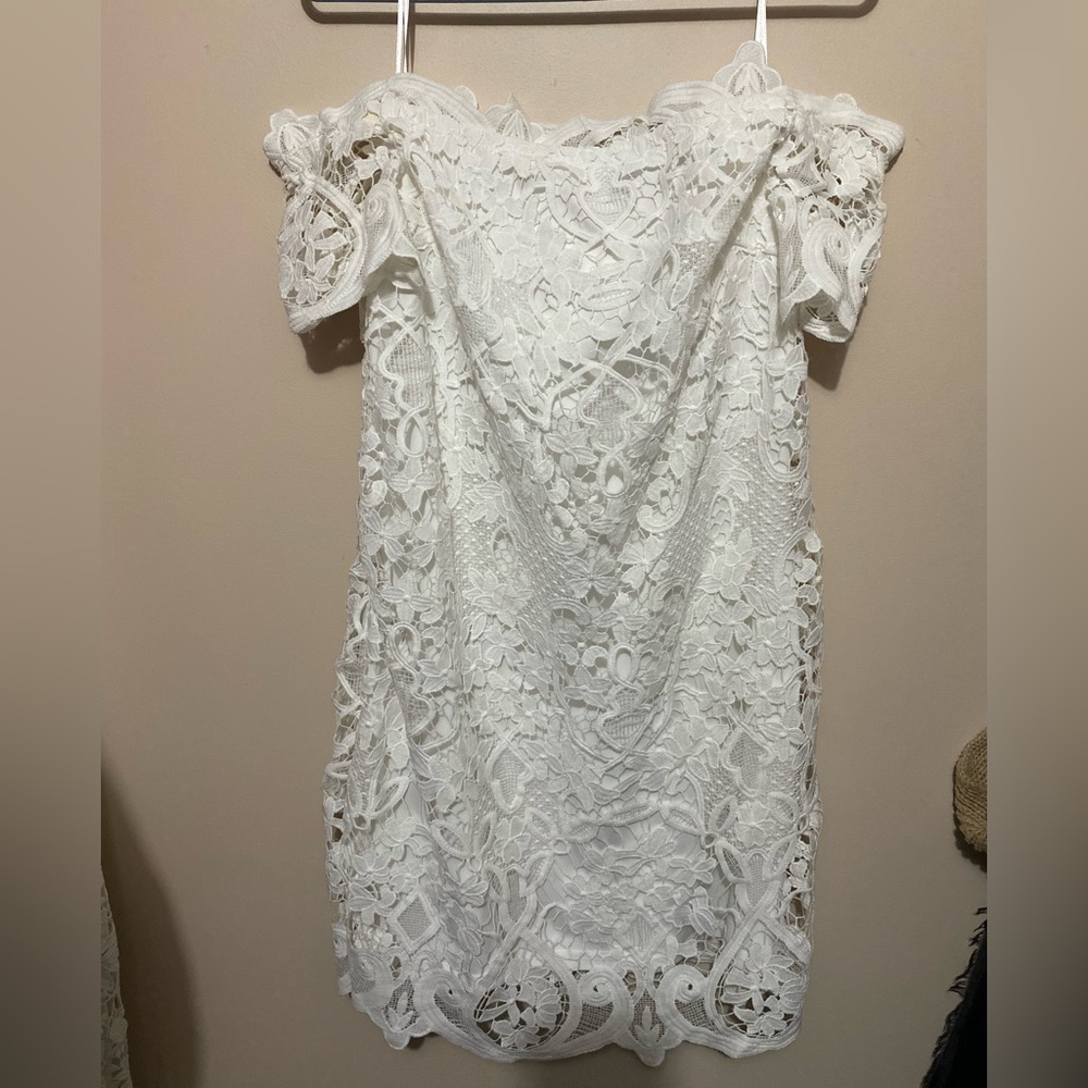 Strapless white lace dress